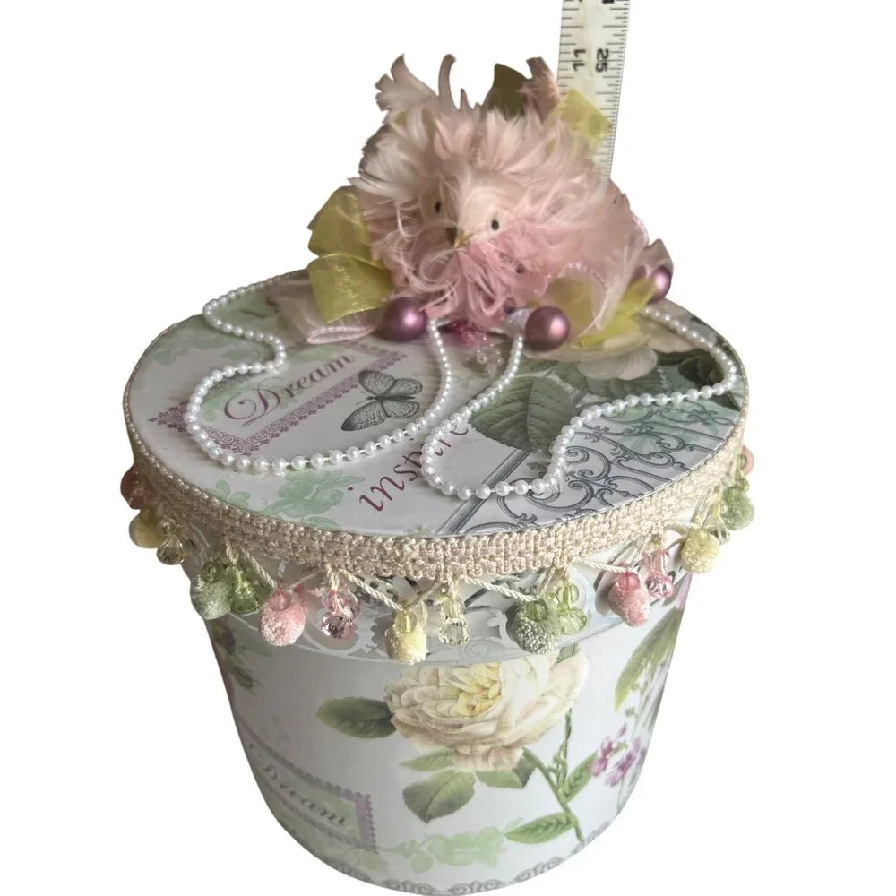 Handcrafted Floral Decorative Storage Box With Pink Feather Bird & Beads